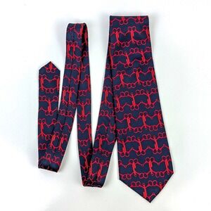 Burberrys Mens Silk Necktie Navy Blue Red Equestrian Bit Horse Bridle Vintage